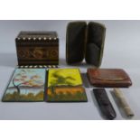 A Collection of Curios to Include Inlaid Cigarette Dispensing Box, Two Small Painted Panels, Purse