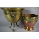 A Brass Oval Planter with Tripod Lion Mask and Claw Supports and a Circular Copper and Brass