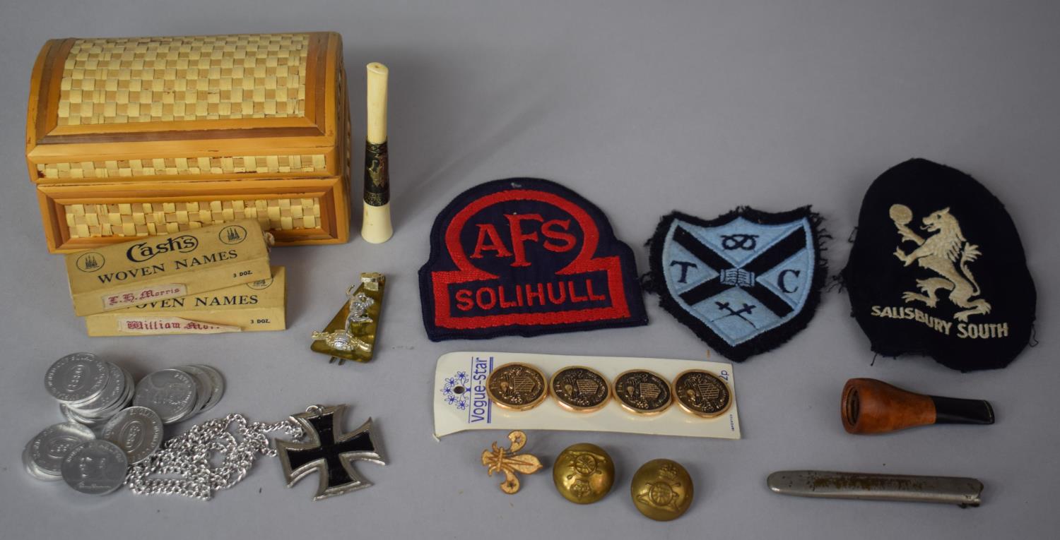 A Small Wicker Box Containing Cloth Badges, Esso Football Tokens, Replica German Iron Cross,