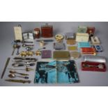 A Tray of Curios to Include Hip Flasks, Souvenir and Prize Teaspoons, Berry Spoons, Playing Cards,