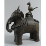 An Indian Bronze Temple Oil Lamp in the Form of an Elephant having Bird Finial to Hinged Lid, 16cm