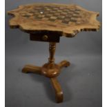 An Inlaid Burr Wood Games Table with Chequered Top and Single Small Drawer, 63cm wide