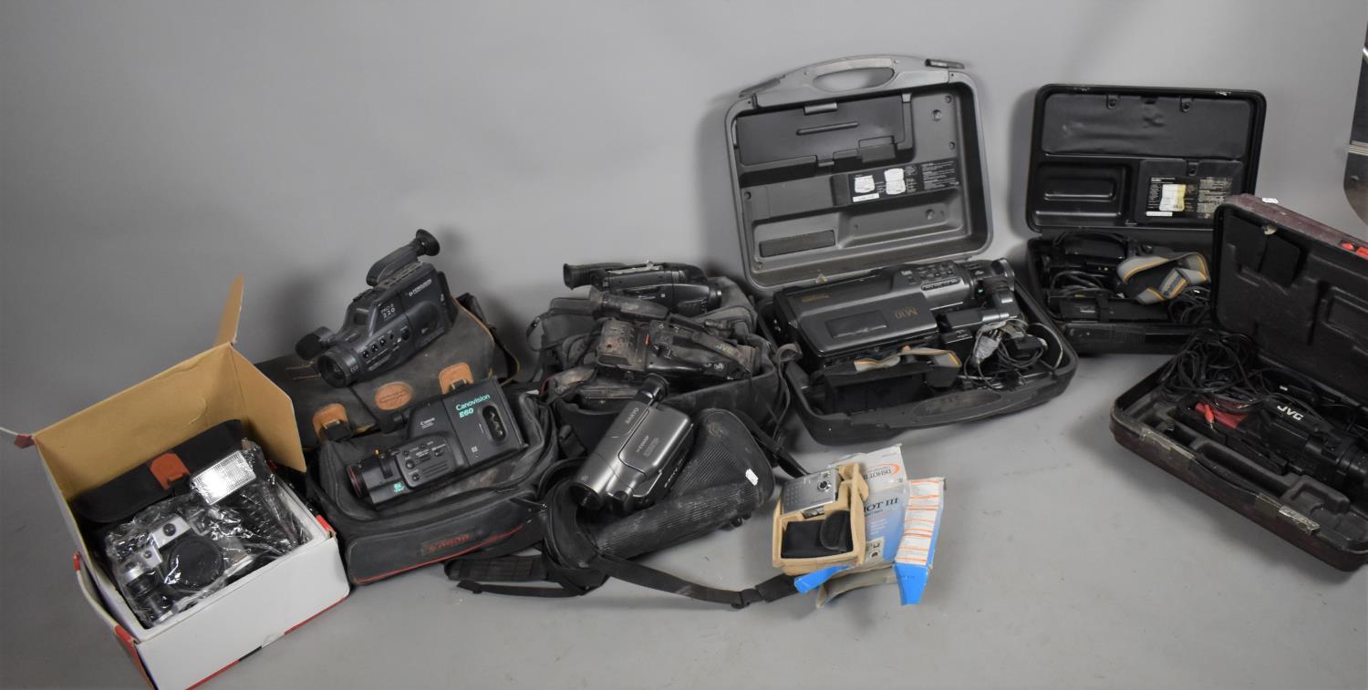 A Collection of Various Vintage Camcorders, Olympia 35mm Camera etc