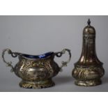 A Silver Pepper Pot and Two Handled Mustard Pot with Cobalt Blue Liner by Walker and Hall, Sheffield