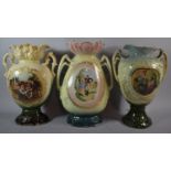 Three Printed Edwardian Vases One with Rim AF, Each 37cm high