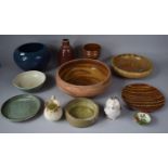 A Collection of Studio Art Pottery to include Slipware Plate (Glued) Bowl, Blue Glazed Example,