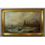 A Gilt Framed Oil on Canvas Depicting Fishing Barges Sheltering in Harbour from Stormy Seas, 49cm