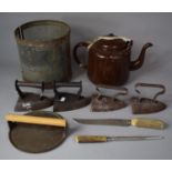 A Collection of 19th Century and Later Kitchenwares to Include Four Cast Iron Flat Irons, Metal