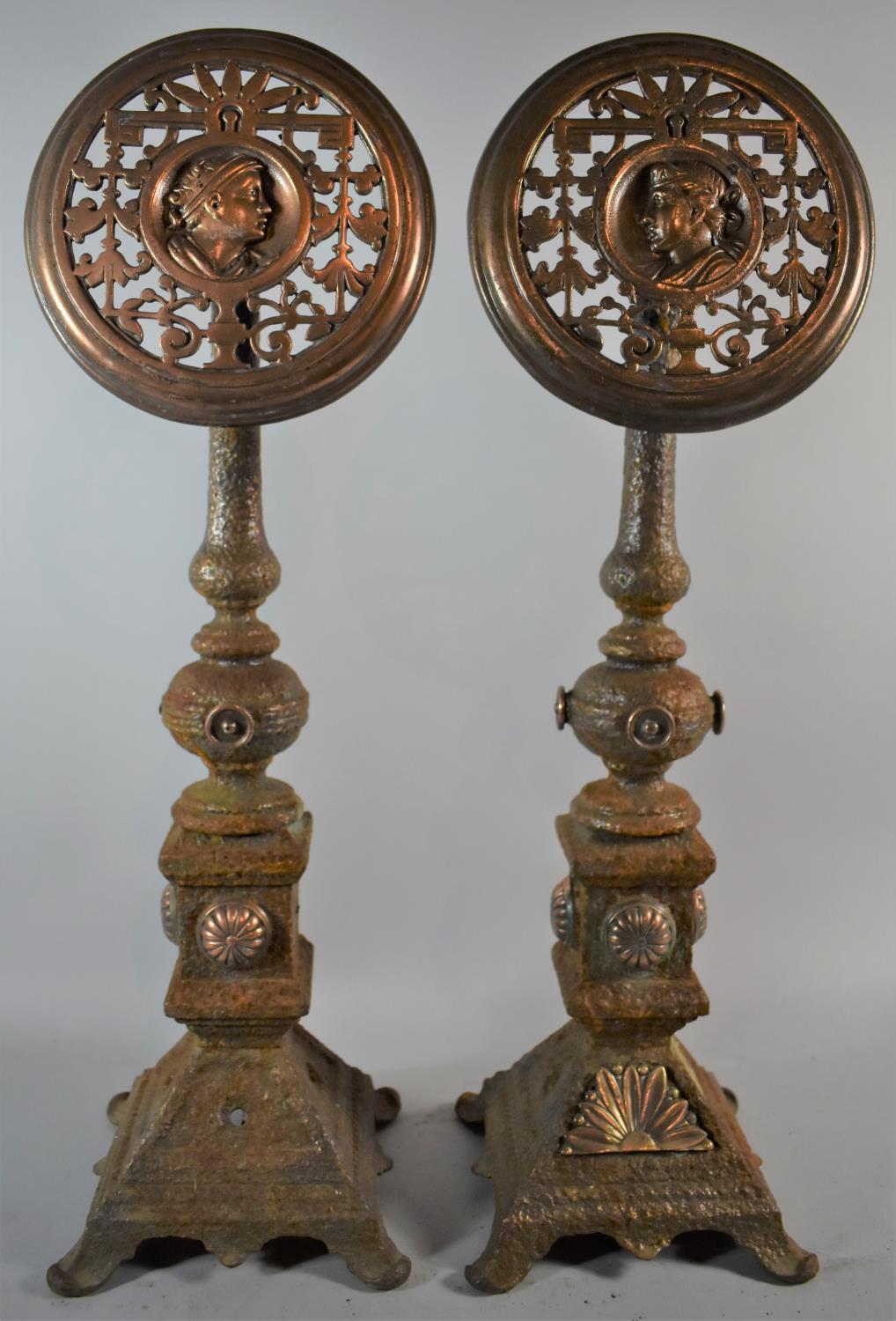 A Pair of Copper Mounted Cast Iron Andirons, Some Losses, 58cm high