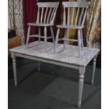 A Modern Grey Painted Marble Topped Kitchen Table with Two Matching Chairs, 140x90cm