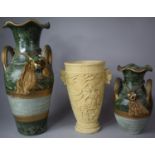 Two Graduated Continental Two Handled Vases and a Resin Oriental Vase
