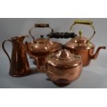 Three Copper Kettles, Copper Bowl and a Ewer