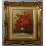 A Gilt Framed Oil on Canvas, Still Life Flowers, 19cm Wide