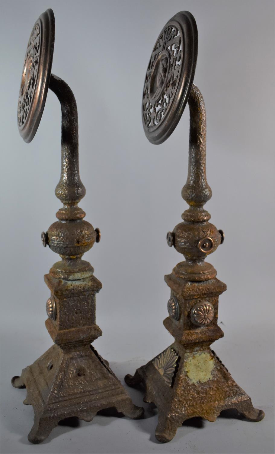 A Pair of Copper Mounted Cast Iron Andirons, Some Losses, 58cm high - Image 2 of 6