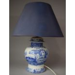 A Large Spode Italian Pattern Baluster Shaped Ceramic Table Lamp with Blue Shade, 57cms Total