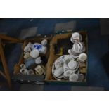 Two Boxes Containing Various Teawares, Oriental Blue and White Vase, Jugs etc