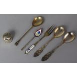 A Collection of Various Silver and Enamelled Spoons, Silver Dressing Table Lid etc