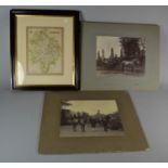 A Framed Map of Warwickshire, Picture Frame and Two Mounted Vintage Photographs