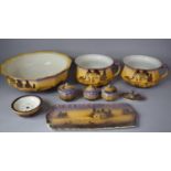 A Continental Purple, Yellow and Gilt Glazed Toilet Set to Include Large Washbowl, Tray, Dishes