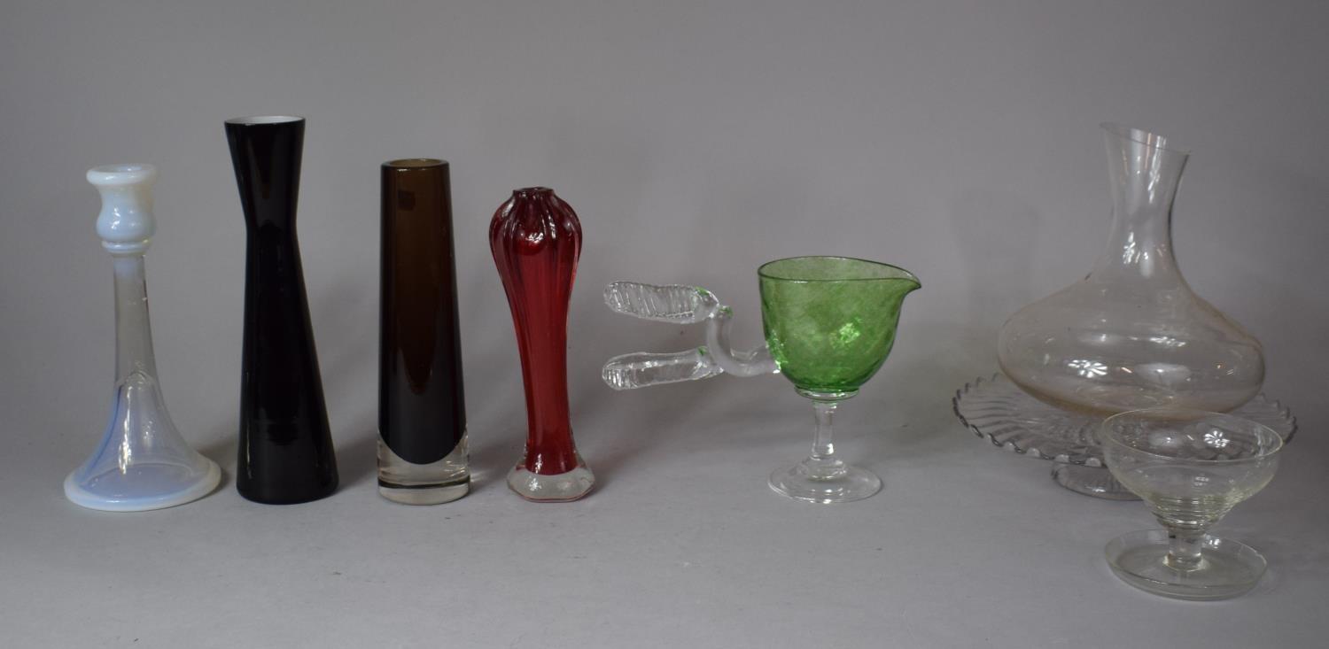 A Collection of Coloured and Plain Glassware to include Hand Blown Green Glass Crocodile Inspired