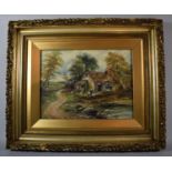 A Gilt Framed Oil on Canvas Depicting Country Cottage Beside Pond, 28cm Wide