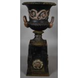 A Large Late 19th Century Cast Iron Campana Shaped Garden Urn on Plinth, Moulded Scroll Decoration