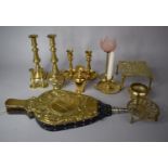 A Collection of Brasswares to Include Pair of Bellows, Candlesticks, Kettle Stands Etc
