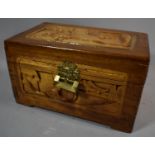 An Oriental Carved Wooden Box, Padlocked and No Key, 25cm wide