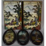 Three Oval Oriental Prints on Glass and Two Rectangular Examples