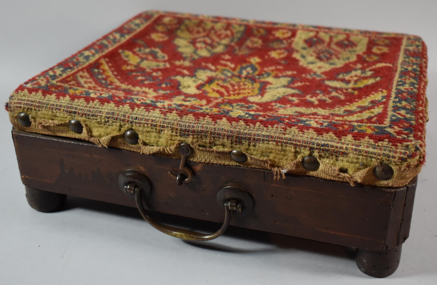 An Edwardian Tapestry Topped Box Footstool with Brass Carrying Handle, 29cm Wide