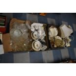 Four Boxes Containing Various Ceramic, Glassware, Mantle and Wall Clocks, Table Lamps, Vases,