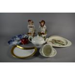 A Pair of Continental Figural Ornaments, Royal Doulton Karen, Crown Derby Teapot etc