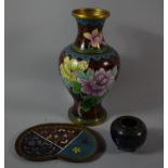 A Cloisonne Enamel Oriental Vase, Kidney Shaped Dish and Small Inkpot