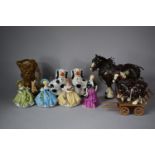 A Collection of Animal and Figural Ornaments to include Three Heavy Horses, Pair of Staffordshire