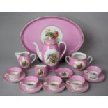 A Czechoslovakian Coffee Set on Tray, Sugar Bowl Missing Lid, Decorated with Birds on Pink Ground