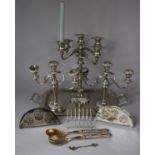 A Collection of Silver Plated Items to Include Two Three Branch Candelabra, Large Five Branch