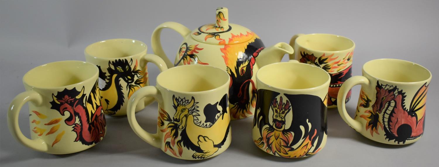 A Fire Dragon Teapot and Six Mugs by Leah Cotton 2008