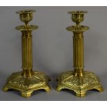 A Pair of French Brass Candlesticks Stamped AFC with Octagonal Bases, Ribbed Column and Swag