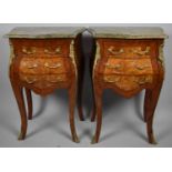 A Pair of French Style Bombe Shape and Ormolu Mounted Three Drawer Chests with Marble Tops in