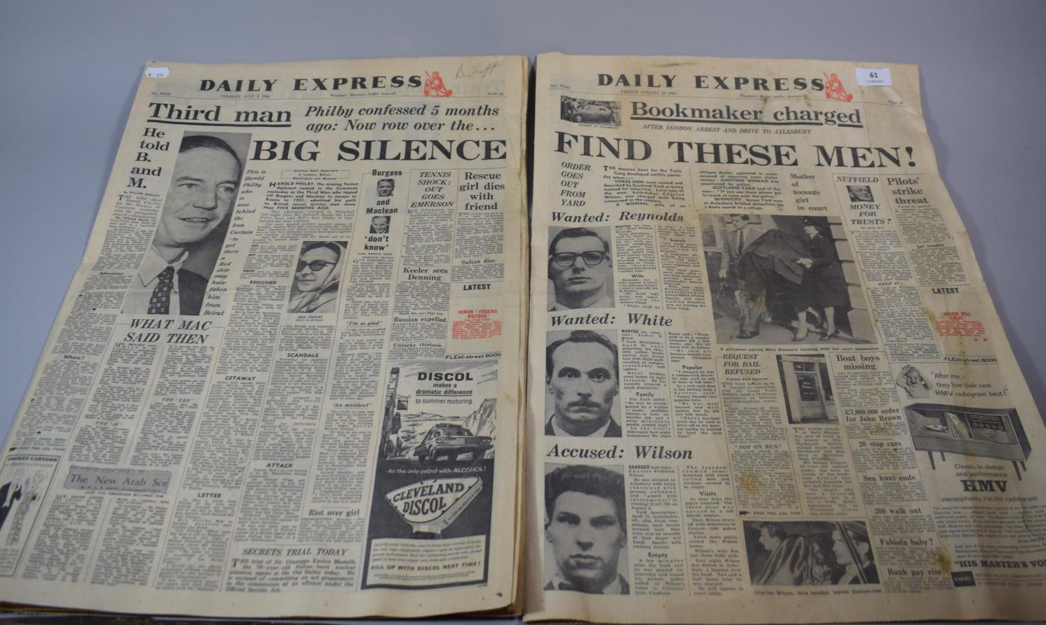 Two Original Copies of the Daily Express, Tuesday July 2nd 1963 (Philby) and Friday August 23rd 1963