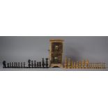 A Far Eastern Two Drawer Spice Chest Containing Mixed Small Chess Pieces, Chest 20.5cm high