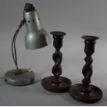 A Pair of Edwardian Barley Twist Oak Candle Sticks, 20cm High Together with a Vintage Desk Top