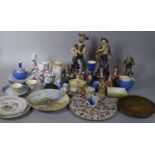 A Box of Ceramic Figural Ornaments, Oriental Mud Men, Decorated Plates etc