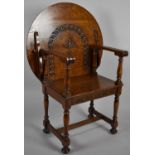 A Mid 20th Century Oak Circular Topped Monks Style Seat with Carved Decoration, 73cm Diameter