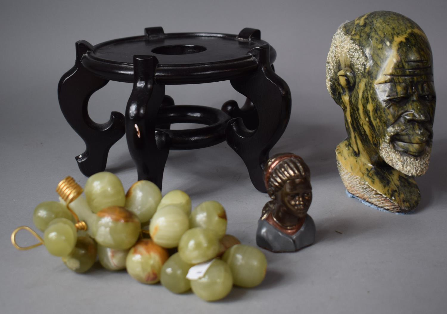 Two Carved African Stone Busts, Onyx Grapes and Modern Oriental Vase Stand