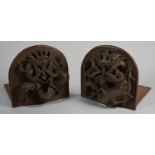 A Pair of Intricately Carved Chinese Wooden Bookends, the Hinged Ends in the Form of a Dragon,