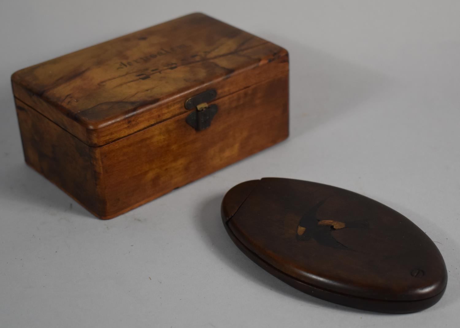 A Jerusalem Olive Wood Work Box and an Oval Mirror with Hinged Inlaid Cover Decorated with Swallow