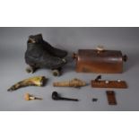 A Collection of Curios to Include Early/Mid 20th Century Roller Skates, 19th Century Horn Powder