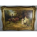 A Large Gilt Framed Textured Print After Heywood Hardy - "A Meeting by the Stile", 74cm wide