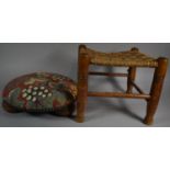 A Rush Top Stool in Need of Some Restoration and a Modern Circular Foot Stool with Tapestry